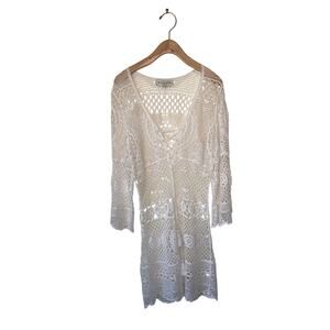 HALE BOB Crochet Lace Up Long Sleeve Swimsuit Cover Up XS/S White